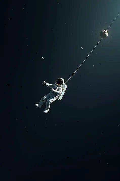 A lone astronaut drifting through a vast space, tied to a slowly rotating space. Stars and distant planets are vaguely visible, reflected from helmet glass. The scene evokes isolation and serenity, Depicted in cinematic sci-fi realism style. soft edge ligh...