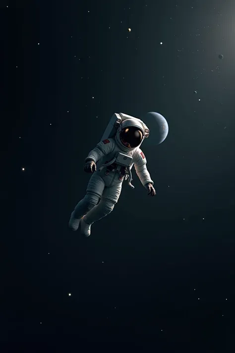 A lone astronaut drifting through a vast space, tied to a slowly rotating space. Stars and distant planets are vaguely visible, reflected from helmet glass. The scene evokes isolation and serenity, Depicted in cinematic sci-fi realism style. soft edge ligh...
