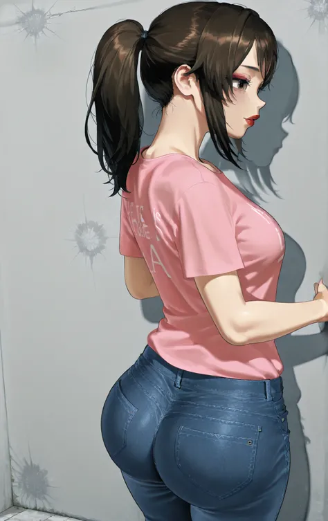 1 woman (Ayano) Medium breasts, medium hips, wearing everyday clothes, jeans and a pink t-shirt, she is in a background like a Japanese college student, she is crossing her arms, Big hips, red lipstick, ponytail, She is against the concrete wall showing he...
