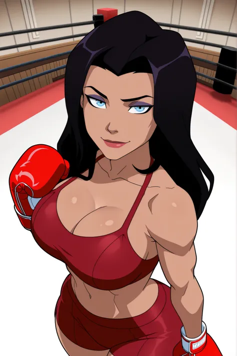 ((parody), perfect anatomy, perfect eyes, cowboy shot,) BREAK  zatanna zatara, black hair, long hair, blue eyes, lipstick,  ((looking at viewer)), seducing viewer, teasing viewer, very large breasts, busty, cleavage, curvy, athletic, standing, scarlet red ...