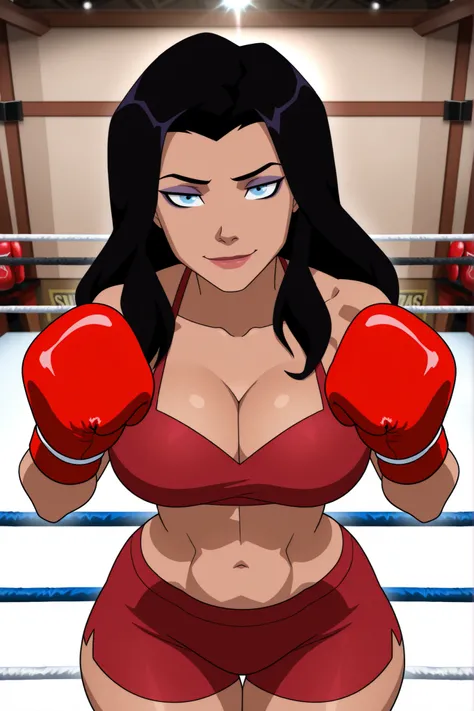 ((parody), perfect anatomy, perfect eyes, cowboy shot,) BREAK  zatanna zatara, black hair, long hair, blue eyes, lipstick,  ((looking at viewer)), seducing viewer, teasing viewer, very large breasts, busty, cleavage, curvy, athletic, standing, scarlet red ...