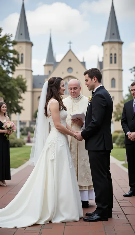 high-definition images、Catholic priest, a beautiful、model in formal attire, married in a pure white dress、is blessed by the pastor of a church in Texas、In front of the pastor's church、