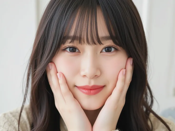 (Refined from an old photo, recreated in a modern, ultra high-quality photorealistic style, with a trendy Reiwa-era hairstyle: soft semi-long hair with natural waves and airy see-through bangs), 
Ultra photorealistic close-up portrait of a beautiful Japane...