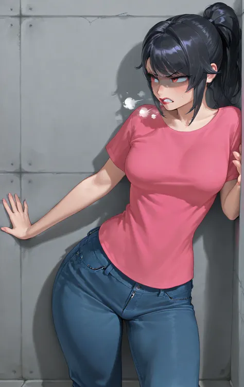 a Woman (Ayano) medium breasts, medium hips, with clothes for daily use, jeans and a pink t-shirt, she is in the background like a Japanese university student, She is crossing her arms, big hips, red lipstick, ponytail, She is leaning against the concrete ...