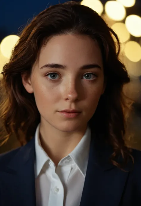 cinematic Film still 21year old girl,only,(Suit:1.3),cabelo loiro,cabelo comprido,Freckles,fundo empoeirado,dia ensolarado,fundo ao ar livre,looking shyly at the viewer,rabos de cavalo,Detalhes Ultra-HD,true to liFe,Imagem HDR,high resolution of details,so...