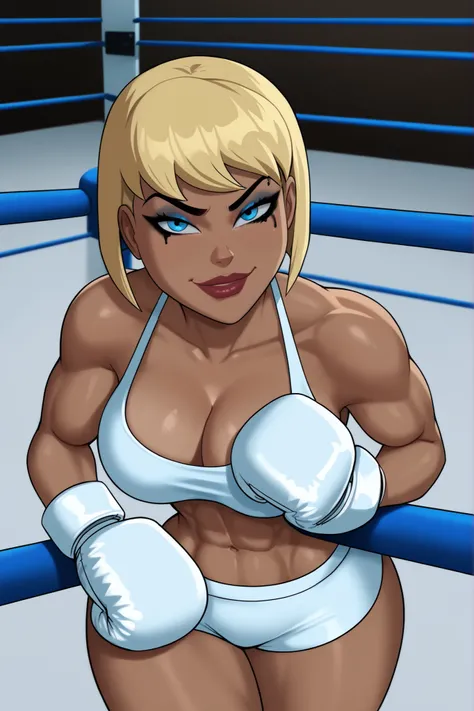 BREAK, score_6_up, score_7_up, score_8_up, score_9, g4l4t3a, 1girl, solo, short hair, bangs, blue eyes, blonde hair, lipstick, makeup, dark skin, dark-skinned female, very large breasts, busty, cleavage, curvy, athletic, muscular female, looking at viewer,...