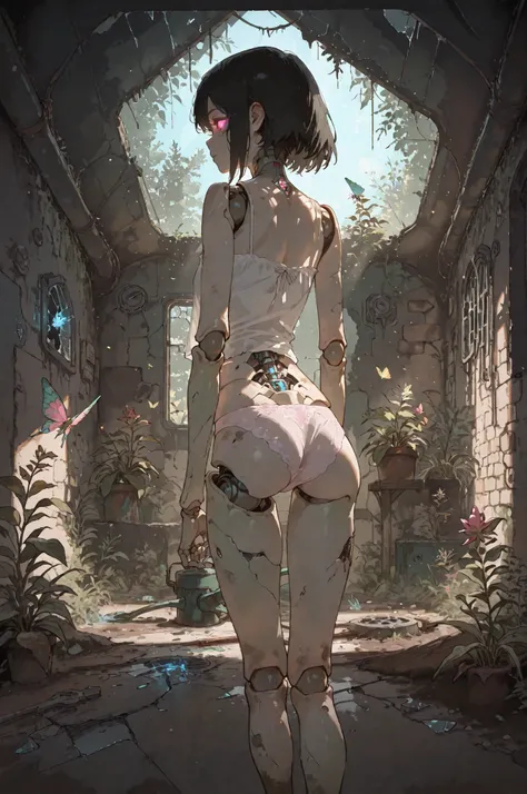 Highest Quality, masterpiece, Super Resolution, Luxurious Abandoned Greenhouse, Broken Glass Ceiling,  Rusty steel frame, Wild Decorative Plants, Crumbling stone wall, Mossy floor, Girl-shaped Android Gardener, Wore a White Camisole, Light Pink Underwear, ...
