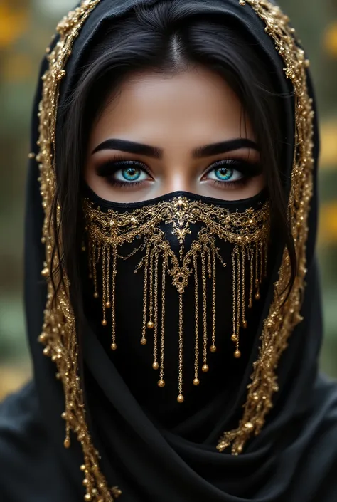 Portrait of an Arab princess, fairy tale image, Fantastic backgrounds, magical atmosphere, she has a veil-mask and falling fringes (gold-chaining) cover the lower part of the face:1.33, Ultra-realistic (photorealistic Realism), (ultra realistic texture de...