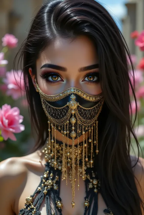 Portrait of an Arab princess, fairy tale image, Fantastic backgrounds, magical atmosphere, she has a veil-mask and falling fringes (gold-chaining) cover the lower part of the face:1.33, Ultra-realistic (photorealistic Realism), (ultra realistic texture de...