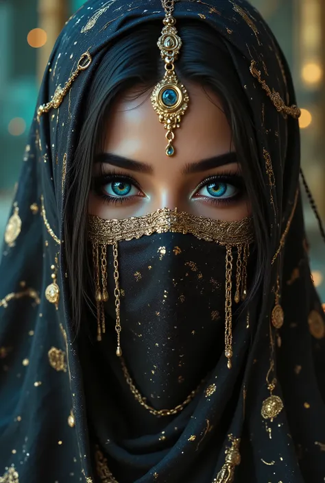 Portrait of an Arab princess, fairy tale image, Fantastic backgrounds, magical atmosphere, she has a veil-mask and falling fringes (gold-chaining) cover the lower part of the face:1.33, Ultra-realistic (photorealistic Realism), (ultra realistic texture de...