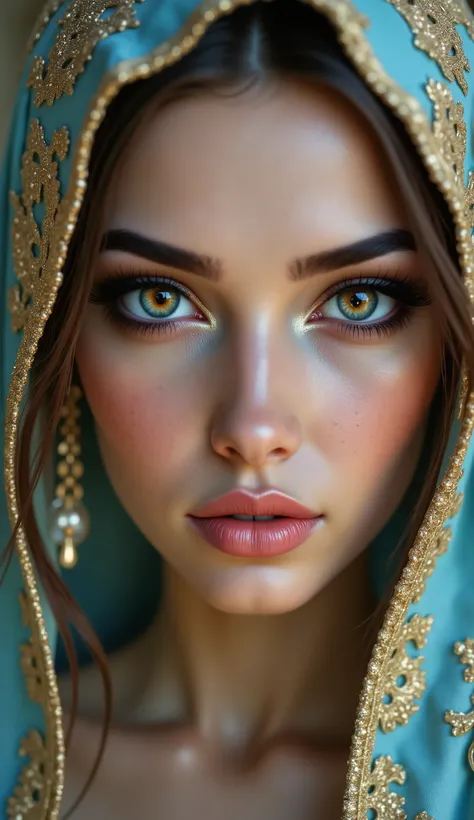 Portrait of an Arabian princess, a fairy-tale image, fantastic backgrounds, a magical fairy-tale atmosphere, she has a veil-mask and falling fringes (gold-chaining) cover the lower part of the face, Ultra-realistic (photorealistic Realism), (ultra realisti...