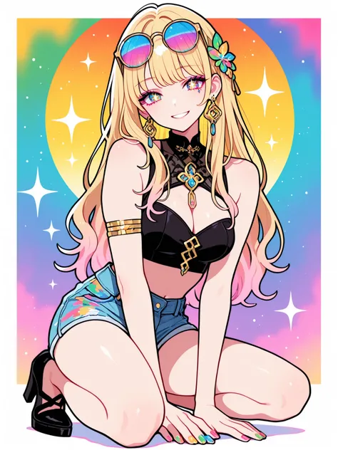 
Woman, solo, Colorful nails, rimless, eyes of gold, long hair,, hair ornaments、colorful background, Blonde, Sparkling Makeup on Her Face、Shibuya、moving pose、colorful sunglasses、Full Body、Gal、shorts、pieces、Highest Quality、masterpiece