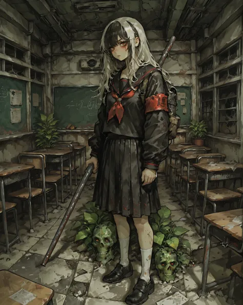 Masterpiece, apocalyptic depiction, inside an abandoned school, ((set in a classroom)), (a classroom covered with giant mutant plants), (zombies in uniforms wandering the hallways), (classroom entrance blocked off with a barricade), scattered broken desks ...