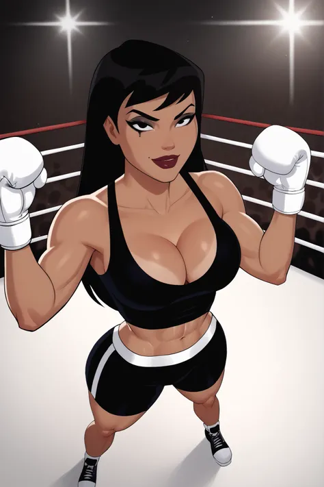 BREAK, score_6_up, score_7_up, score_8_up, score_9, 1girl, solo, Drlight, long hair, black hair, black eyes, lipstick, makeup, dark-skinned female,  very large breasts, busty, cleavage, curvy, athletic, midriff, looking at viewer, seducing viewer, teasing ...