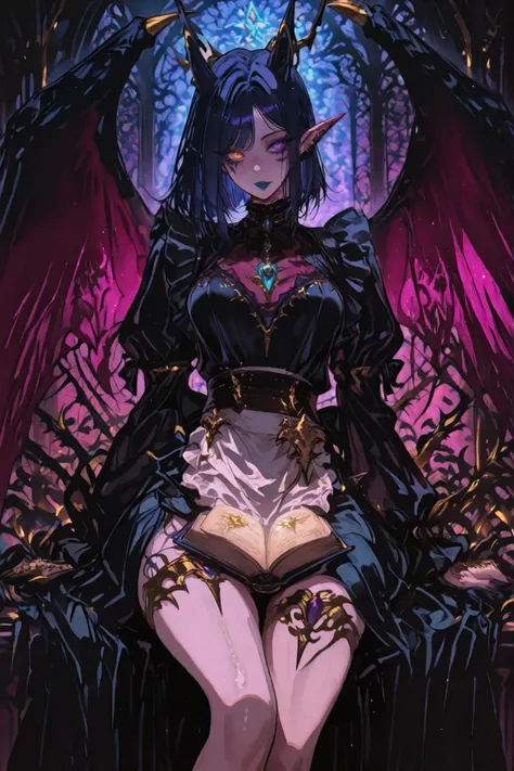 claws, clawed hand, demon girl,wings,heterochromia, gold and purple eyes, blue lips, facial markings, g0th1cpnk, goth, elf, goth, A dark and elegant goth character with a mysterious and otherworldly aura. She has short, straight, dark blue hair with side-s...