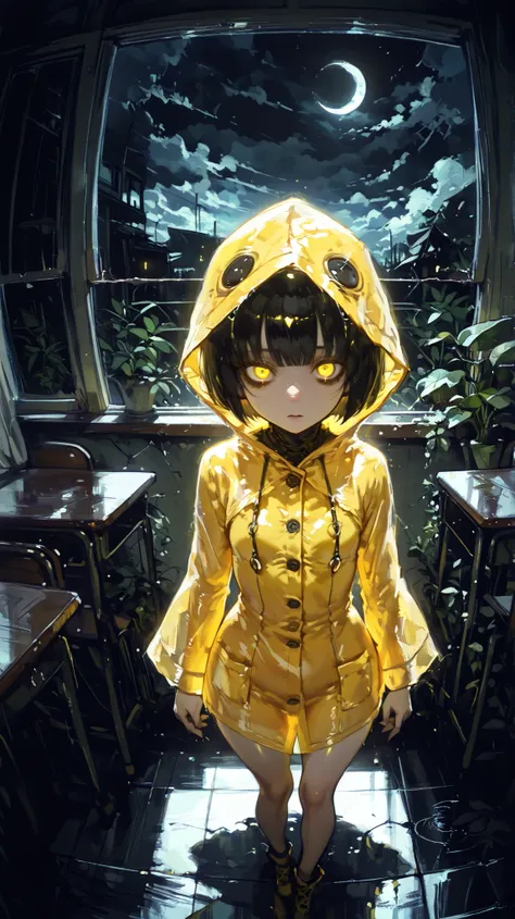 Six (Little Nightmares) A young female A young girl in a yellow raincoat, She wears a bright yellow raincoat that ends just above her knees with three buttons, two pockets, and a rhombus-shaped hood. appearing to be between 8-10 years old. she has messy b...