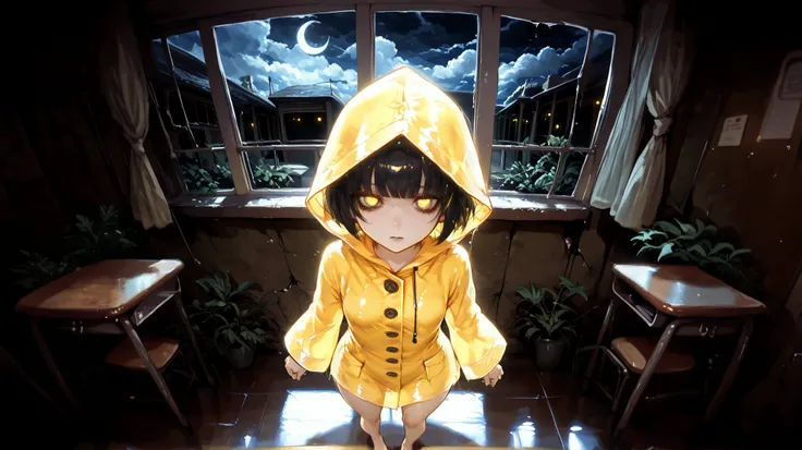 Six \(Little Nightmares\) A young female A young girl in a yellow raincoat, She wears a bright yellow raincoat that ends just above her knees with three buttons, two pockets, and a rhombus-shaped hood. appearing to be between 8-10 years old. she has messy...