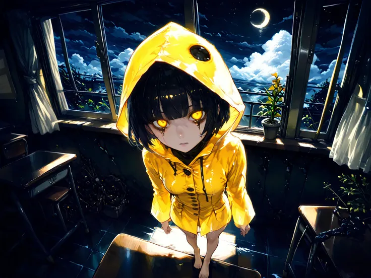 Six \(Little Nightmares\) A young female A young girl in a yellow raincoat, She wears a bright yellow raincoat that ends just above her knees with three buttons, two pockets, and a rhombus-shaped hood. appearing to be between 8-10 years old. she has messy...