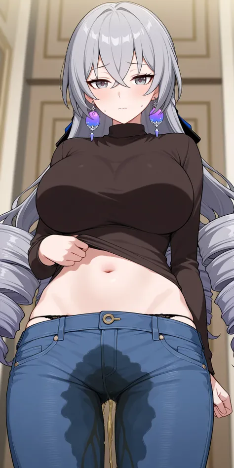score_9, score_8_up, masterpiece, best quality, anime screencap, 1girl, huge breasts, Bronya Rand, \(Honkai: Star Rail\), grey eyes, grey hair, long hair, drill hair, hair bow, black bow, earrings, black shirt, diagonal shirt, navel, midriff, jeans, lowleg...