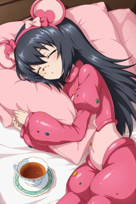 1girl, Character, Girls_und_Panzer, Mako Reizei, long hair,  Rococo suit, mouse ear headband, jelly on her nose, using a tea cake as a pillow, giant teacup and saucer, sleeping, side sleeping, front view, Girls_und_Panzer art style