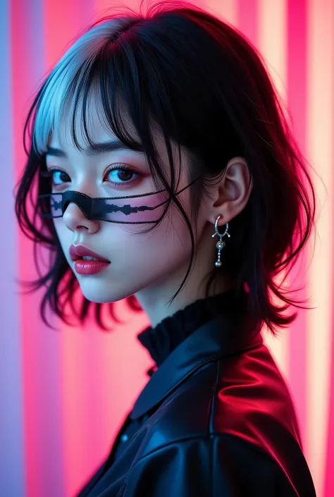 ((black)) and [white] hair,highlight,((medium long)) hair,Japanese ((girl)),25 old,korean make up,(mask),more prism,(vibrantcolor),trentd, (((best quality))), (((8k))), (((1girl))),profile,side view