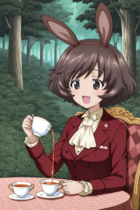1girl, Character, Girls_und_Panzer, Yukari Akiyama, brown bunny ears, Victorian suit, burgundy (checkered fabric pattern), cravat, sitting, happy, pouring tea sideways into a teacup, table, forest, Girls_und_Panzer art style,