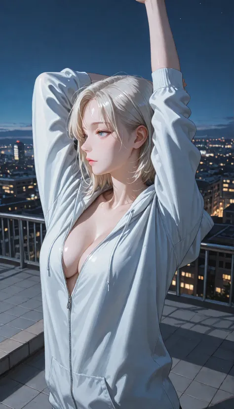 Masterpiece, High Quality, Highly Aesthetic, Absurd, Latest, (Realistic), 1girl, The girl is lost in thought, with the nightscape as her backdrop at dusk. A side view of the girl gazing down at the nightscape, a photograph of her pensive silhouette at twil...