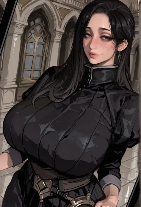 ,black dress, puffy sleeves, juliet sleeves, high collar, ghostlady, very long hair, black hair, dark eyes, empty eyes, eyeshadows, huge breasts, mamimi, beautiful faces, beautiful eyebrows, huge Breasts, wide hips, huge ass, thick legs, thick arms, look a...