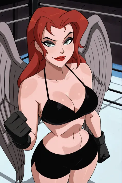 BREAK, score_6_up, score_7_up, score_8_up, score_9, 1girl, solo, Hawk_Girl_XL, feathered wings, angel wings, grey wings, wings, long hair, red hair, green eyes, lipstick, makeup, very large breasts, busty, cleavage, curvy, athletic, looking at viewer, sedu...