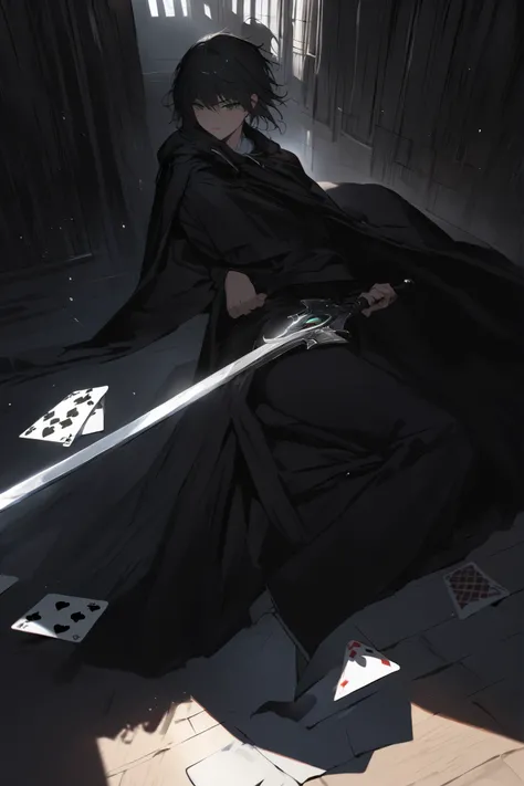 (masterpiece, best quality, ultra-detailed, best shadow), (best lighting, extremely delicate and beautiful), hyper detail, focus male character, 1 16-year-old boy, Short bluish-black hair, green eyes, long worn dark blue robe, black clothes with deep blue ...