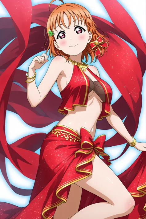 Love live,professional art, highres, hdr, shiny skin, takami chika, elegant, beautiful, simple white background, ribbon, red ribbon hair accessory, soft smile, confident expression, asymmetrical red silk top, glowing golden trim, exposed shoulder, sarong ...