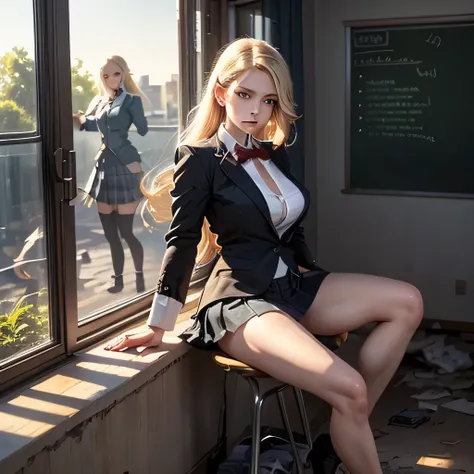 I'm in an abandoned classroom at midnight,Turn-of-the-century scenery，long-haired woman，Can you draw in a blazer school uniform costume，，Big Breasts，the classroom is also overgrown with plants、can you delicately draw women fighting large mutant insects lar...