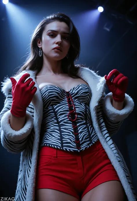 score_9, score_8_up, score_7_up, score_6_up, masterpiece, best quality, intricate details, 1 woman, aesthetic body, athletic body, dark long hair with fringe \(white highlight, zigzag pattern\), earrings, large fur coat \(fluffy, zebra pattern\), corset, r...