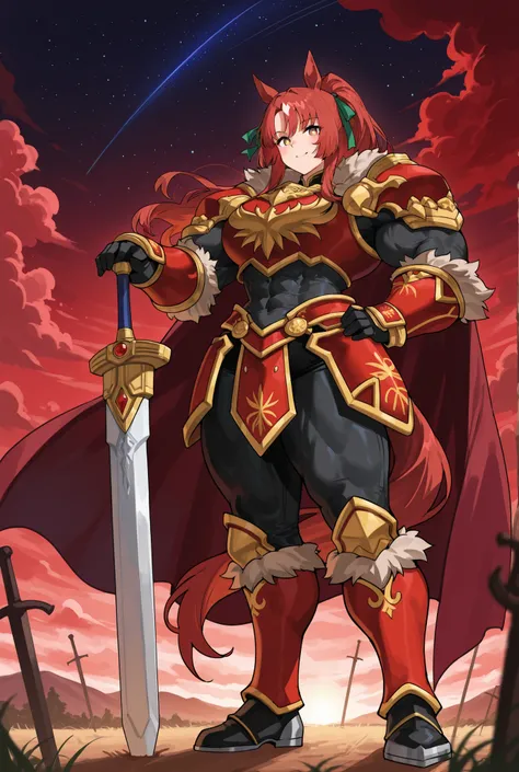 masterpiece,best quality,highly detailed,score_9,score_8_up,score_7_up,score_6_up,source anime,
BREAK
1girl , horse ears  and tail radahn,solo,long hair,red hair,hair ribbon,uarmor,abs,cape,starscourge radahn,gauntlets,
hand on own hip,smile,outdoors,detai...