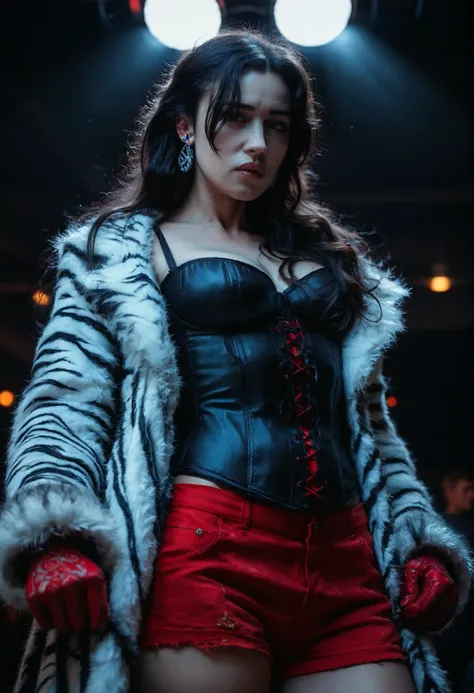 score_9, score_8_up, score_7_up, score_6_up, masterpiece, best quality, intricate details, 1 woman, Fringe Hair style, aesthetic body, athletic body, dark long hair with fringe \(white highlight, zigzag pattern\), earrings, large fur coat \(fluffy, zebra p...