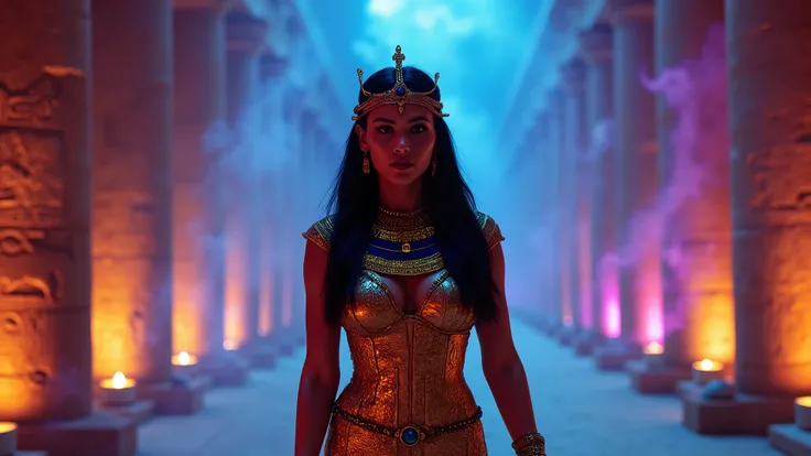 Diagonal-frontal Camera. An ultra-detailed and cinematic depiction of an Egyptian pharaoh queen walking through the interior of an Egyptian pyramid, with disco-style cinematic lighting.Egyptian Queen Effects: Beautiful face, curvaceous figure, straight bla...