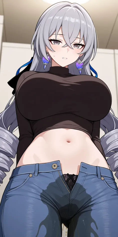 score_9, score_8_up, masterpiece, best quality, anime screencap, 1girl, huge breasts, Bronya Rand, \(Honkai: Star Rail\), grey eyes, grey hair, long hair, drill hair, hair bow, black bow, earrings, black shirt, diagonal shirt, navel, midriff, jeans, lowleg...