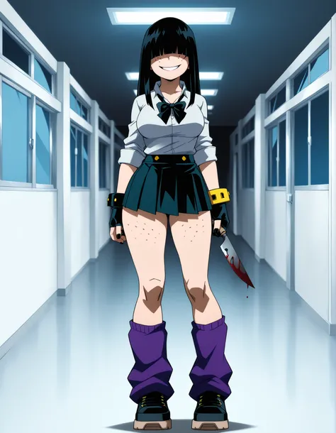 ((Highest Quality)), (school hallway background), Indoor, 1girl, full body, standing, breast, thighs, gyaru, solo, medium breasts, black hair, hime cut, long hair, hair over eyes, freckles, pale skinned, pale skinned female, black nail polish, tied collare...