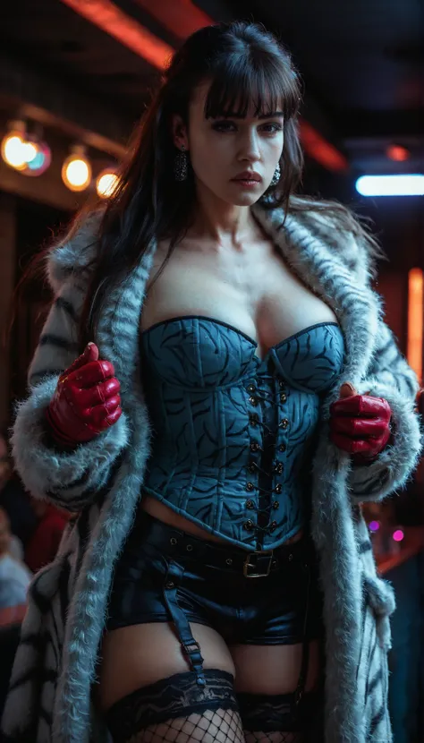 score_9, score_8_up, score_7_up, score_6_up, masterpiece, best quality, intricate details, 1 woman, Fringe Hair, aesthetic body, athletic body, big breast, big boobs dark long hair with fringe \(white highlight, zigzag pattern\), earrings, large fur coat \...