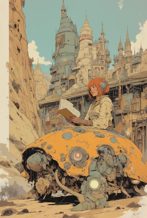 By Phandigrams,CAICO,SF comic style, European bande dessinée illustration, Moebius inspired art, beautiful girl riding an ladybug-shaped sci-fi vehicle, reading a book, full body character design, beautiful face, clear face, bangs, orange short hair, futur...