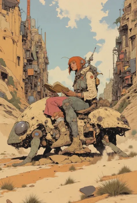 By Phandigrams,CAICO,SF comic style, European bande dessinée illustration, Moebius inspired art, beautiful girl riding an ladybug-shaped sci-fi vehicle, reading a book, full body character design, beautiful face, clear face, bangs, orange short hair, futur...