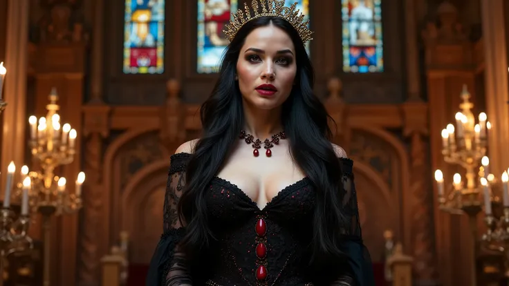 A regal and seductive vampire queen with pale porcelain skin and piercing crimson eyes, wearing an elegant yet revealing medieval royal gown made of dark velvet and black lace, adorned with blood-red gemstones. Her long flowing black hair cascades over her...