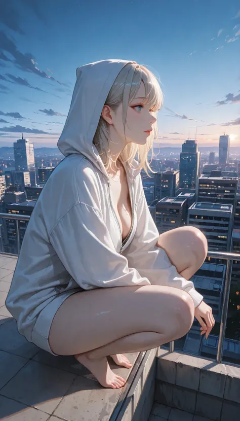 Masterpiece, High Quality, Highly Aesthetic, Absurd, Latest, (Realistic), 1girl, The girl is lost in thought, with the nightscape as her backdrop at dusk. A side view of the girl gazing down at the nightscape, a photograph of her pensive silhouette at twil...