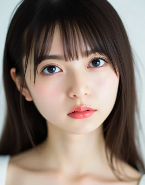 1girl, cute face, beautiful face, (perfectly detailed face), face focus,((looking at viewer、highlighting the beauty of her
collarbone, snow-white and delicate skin, a sweet and elegant expressionlooking sleepily with soft seductive gaze)), Simple Backgro...