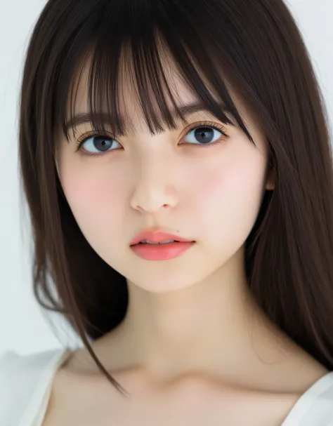 1girl, cute face, beautiful face, (perfectly detailed face), face focus,((looking at viewer、highlighting the beauty of her
collarbone, snow-white and delicate skin, a sweet and elegant expressionlooking sleepily with soft seductive gaze)), Simple Backgro...