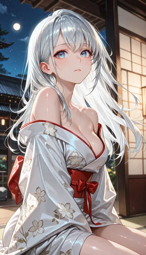((1girl, Woman wearing a loose floral kimono、A woman sitting elegantly:1.4、Detailed Faces、 bright、Young, bright, Whiter skin、Great looks、ultimate beauty、Shiny silver hair with highlights、shine bright hair, Hair dancing in the wind))(Inside an old Japanese...