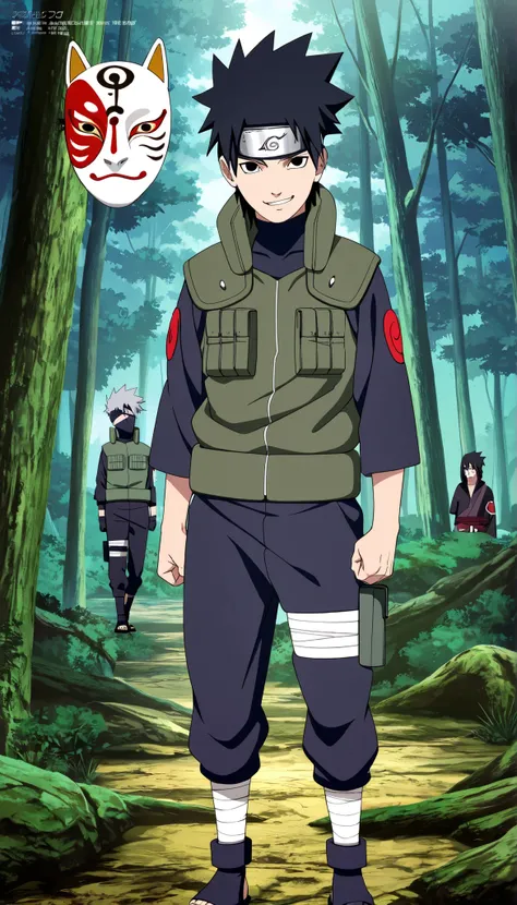 1boy,(Wearing a white Kabuki mask), anime characters in green vests and black pants standing in a forest, itatchi uchiha, kakashi hatake, kakashi, sasuke uchiha, choke smirk smile grin, itachi uchiha, itachi, detailed anime, highley detailled face, akatsuk...