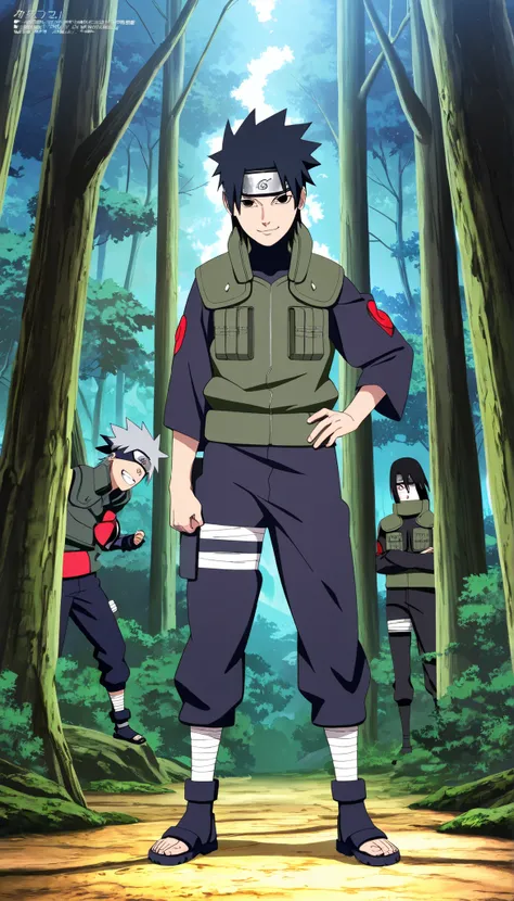 1boy,(Wearing a white Kabuki mask), anime characters in green vests and black pants standing in a forest, itatchi uchiha, kakashi hatake, kakashi, sasuke uchiha, choke smirk smile grin, itachi uchiha, itachi, detailed anime, highley detailled face, akatsuk...
