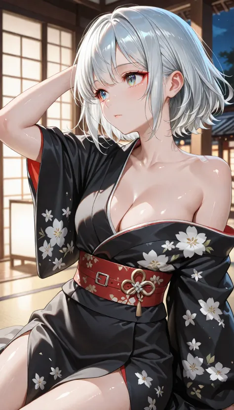 ((1girl, Woman wearing a loose floral kimono、A woman sitting elegantly:1.4、Detailed Faces、 bright、Young, bright, Whiter skin、Great looks、ultimate beauty、Shiny silver hair with highlights、shine bright hair, Hair dancing in the wind))(Inside an old Japanese...