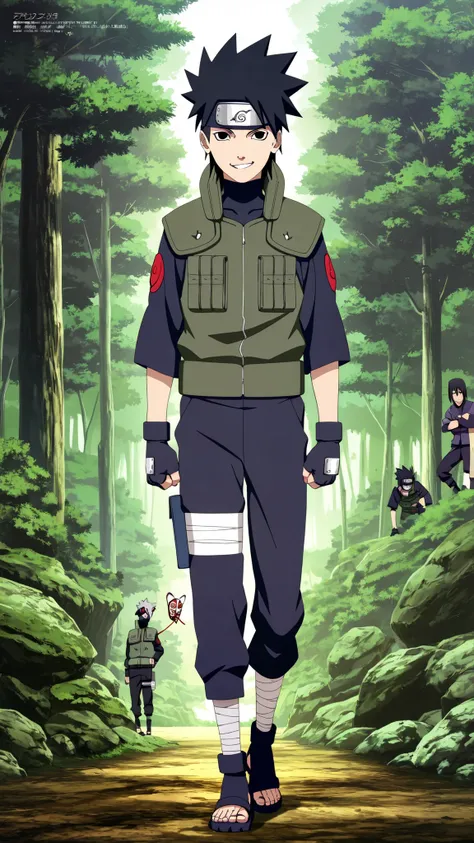 1boy,(Wearing a white Kabuki mask), anime characters in green vests and black pants standing in a forest, itatchi uchiha, kakashi hatake, kakashi, sasuke uchiha, choke smirk smile grin, itachi uchiha, itachi, detailed anime, highley detailled face, akatsuk...